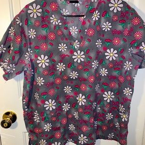 Grey Scrub Top With Flowers And Cherries